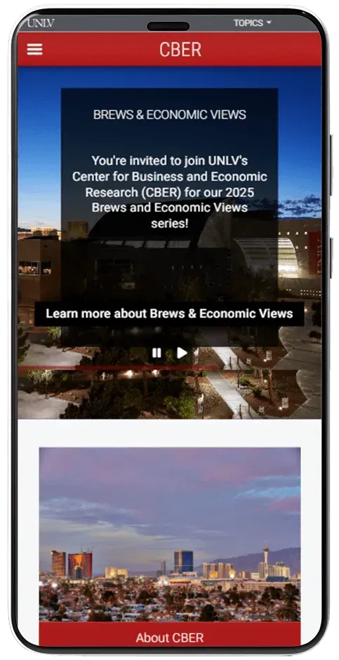 Mobile screenshot of CBER website with red header and city skyline hero image promoting economic views resources