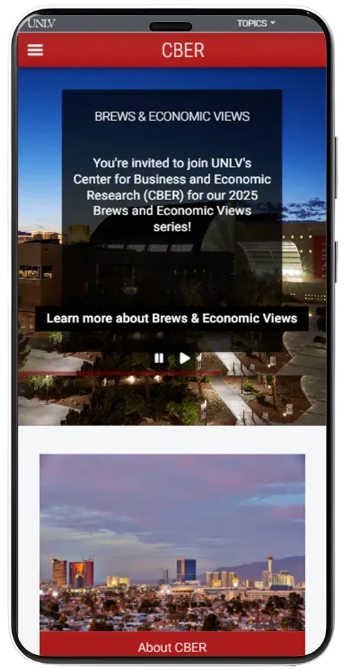 Mobile app screen for CBER with economic views, a city skyline, and a car dashboard image on a red header