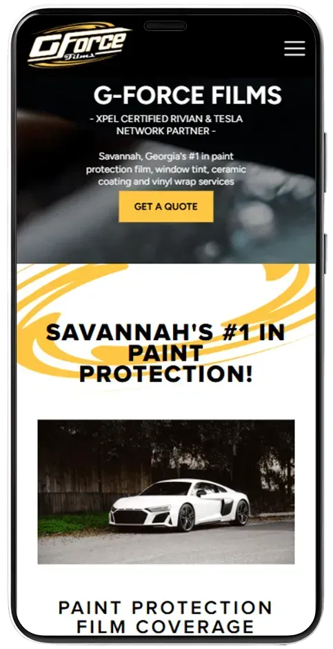 G-Force Films ad for Savannah’s #1 paint protection with a white sports car and “Get a Quote” button