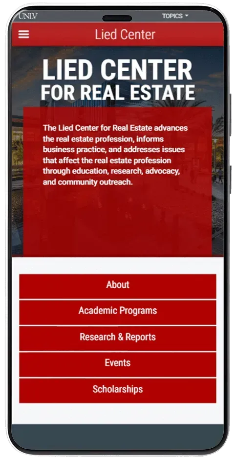 Mobile screenshot of the Lied Center for Real Estate website with red header and menu buttons.