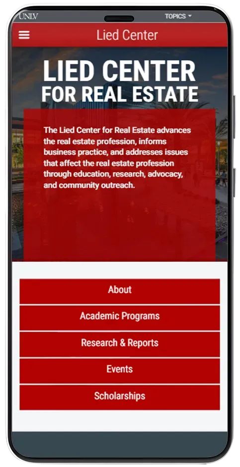 Mobile app screen for Lied Center for the State with red header and menu buttons
