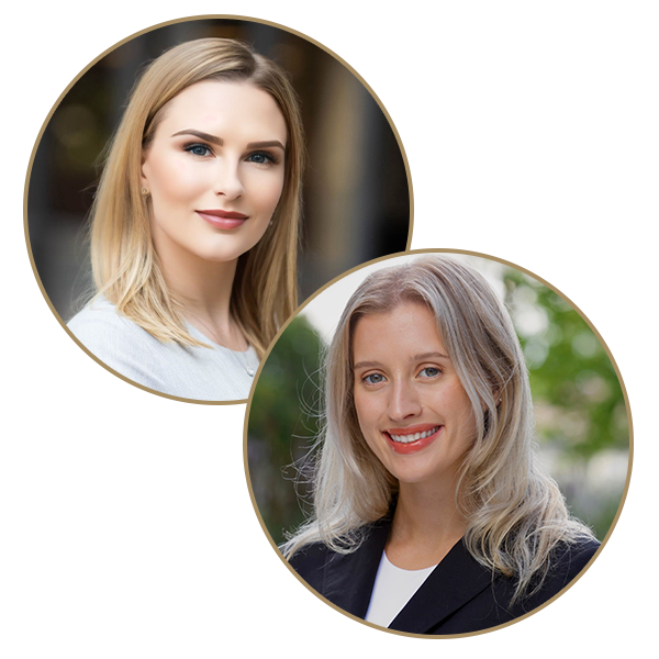 Two women, blonde, smiling, in business attire; one in a white top, the other in a black blazer, round profile portraits.