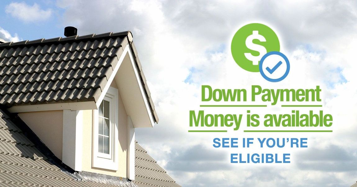 House with text indicating down payment money is available, with a checkmark and dollar symbol.