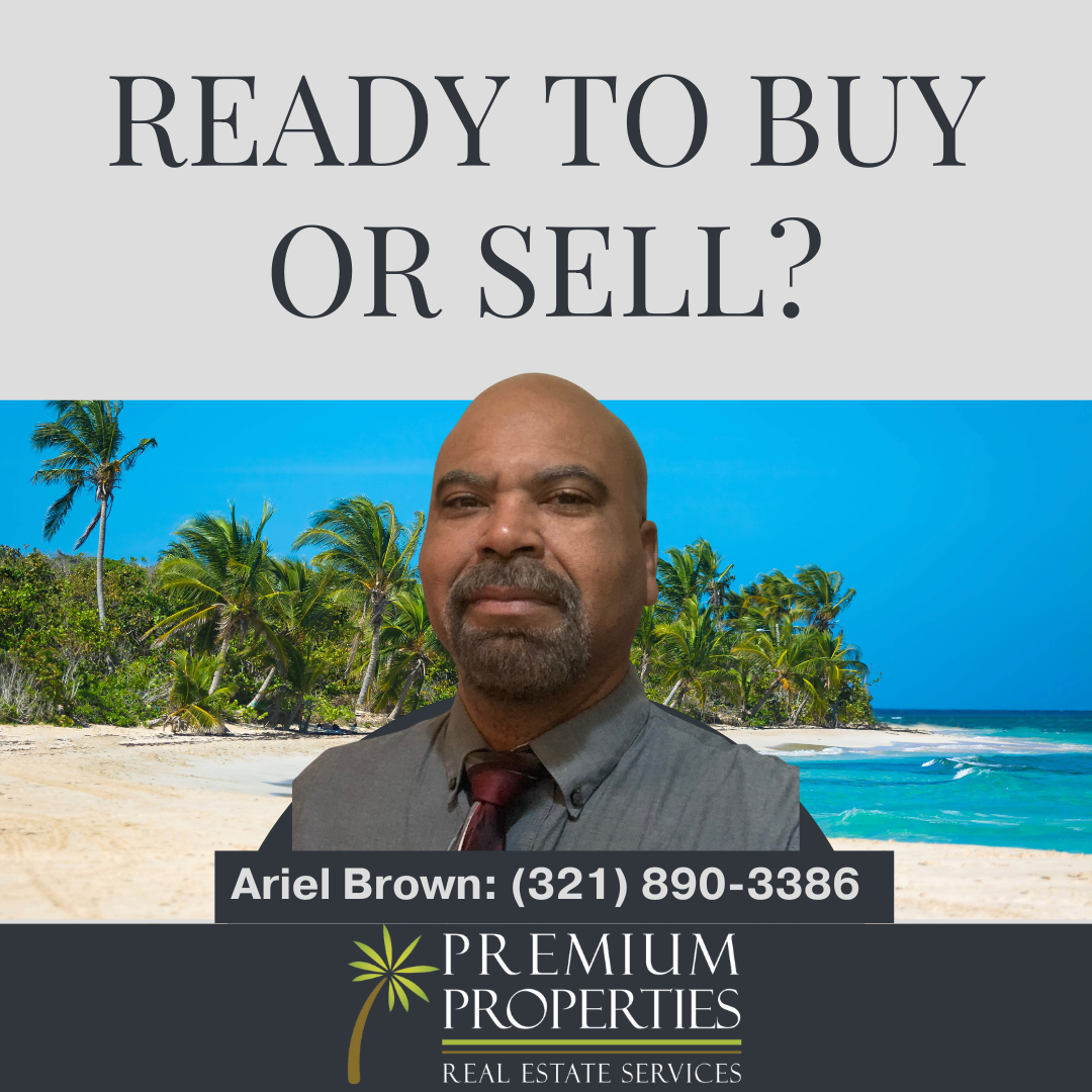 Real estate ad with man in front of beach scene, text: 