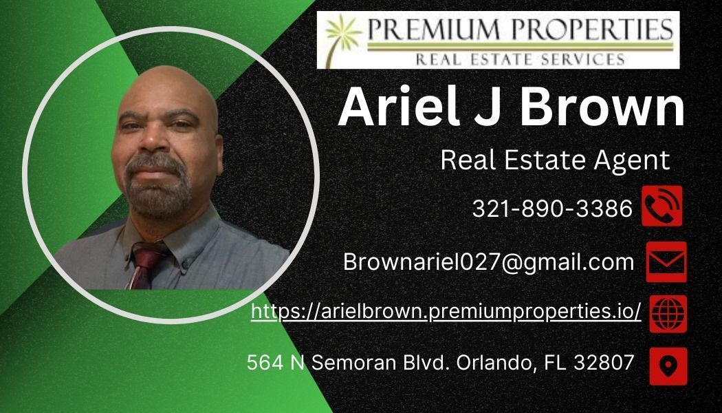 Business card for Ariel J Brown, Real Estate Agent. Features headshot, contact info, and Premium Properties logo.