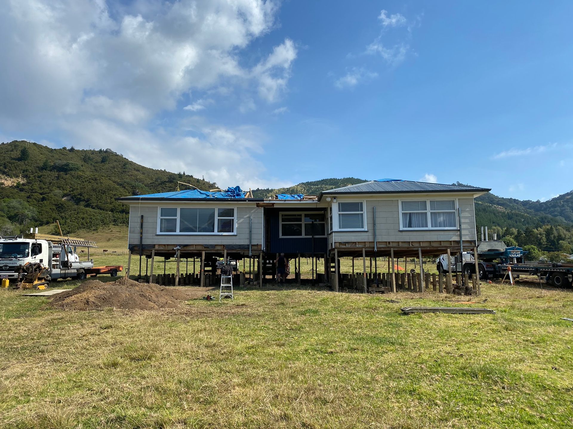 Tiny house on stilts in a grassy field with mountains and blue sky in the background
