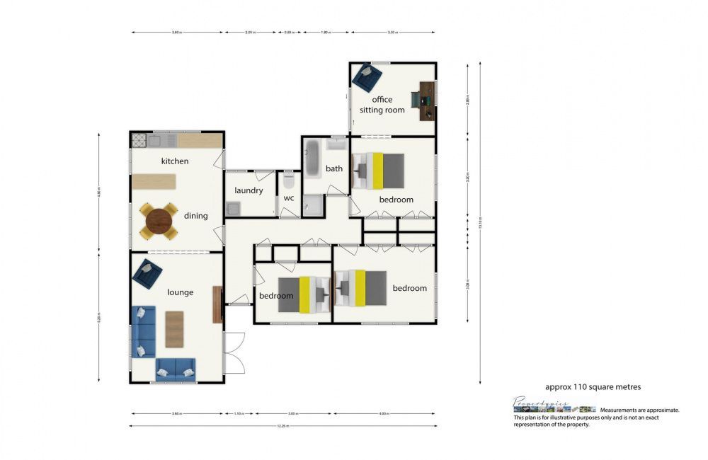 Apartment floor plan with kitchen, living room, and two bedrooms, shown in a top-down layout.