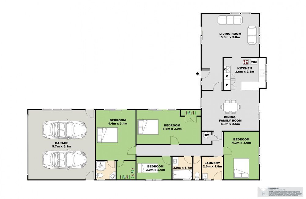 Floor plan of a house with garage, bedrooms, kitchen, and living areas in green and gray.