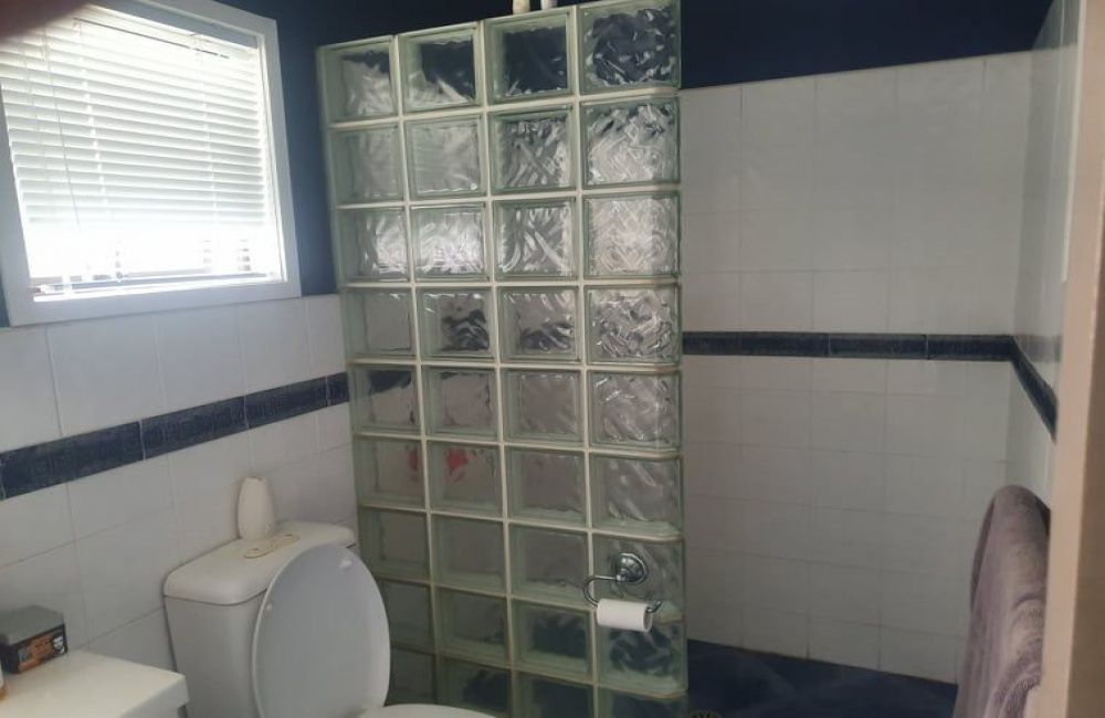 Small bathroom with glass-block shower wall, white toilet, and tiled walls, lit by a window.