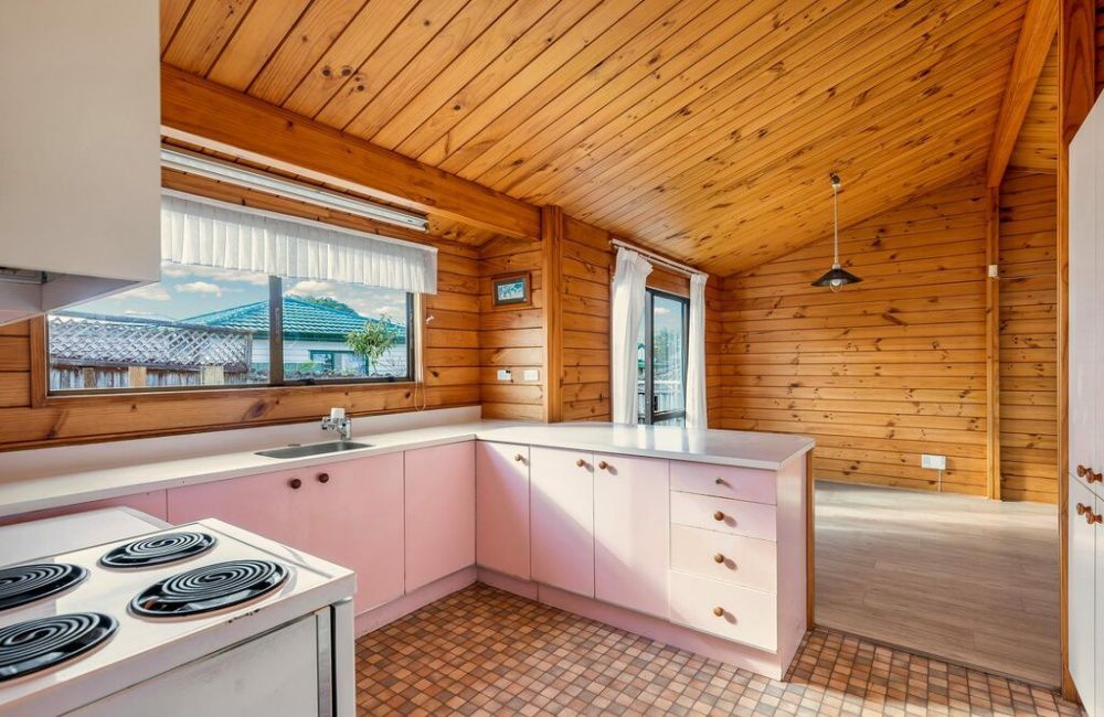 Wood-paneled kitchen with pink cabinets, a large window, and a view of mountains outside.