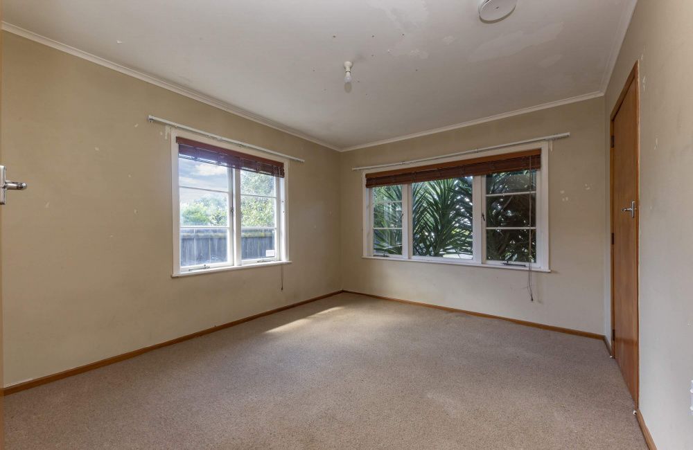 Empty beige bedroom with carpet, two windows, and a wooden door.