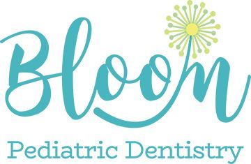 Bloom Pediatric Dentistry logo in teal and lime green with a flower design