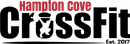 Logo for Hampton Cove CrossFit. Black text "CrossFit" with a person lifting weights in the "O". Red text "Hampton Cove". "Est. 2017".