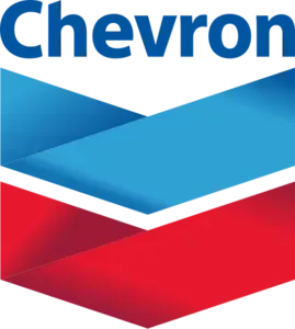 Chevron logo with blue and red chevrons, white outline, and blue