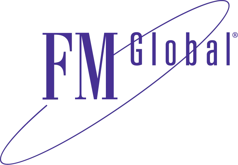 FM Global logo, purple text, blue oval,