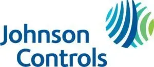 Johnson Controls logo: Blue text and a stylized globe with blue and green curved lines.