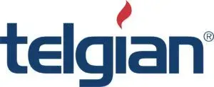 The Telgian logo in dark blue with a red flame above it. Registered trademark symbol is present.