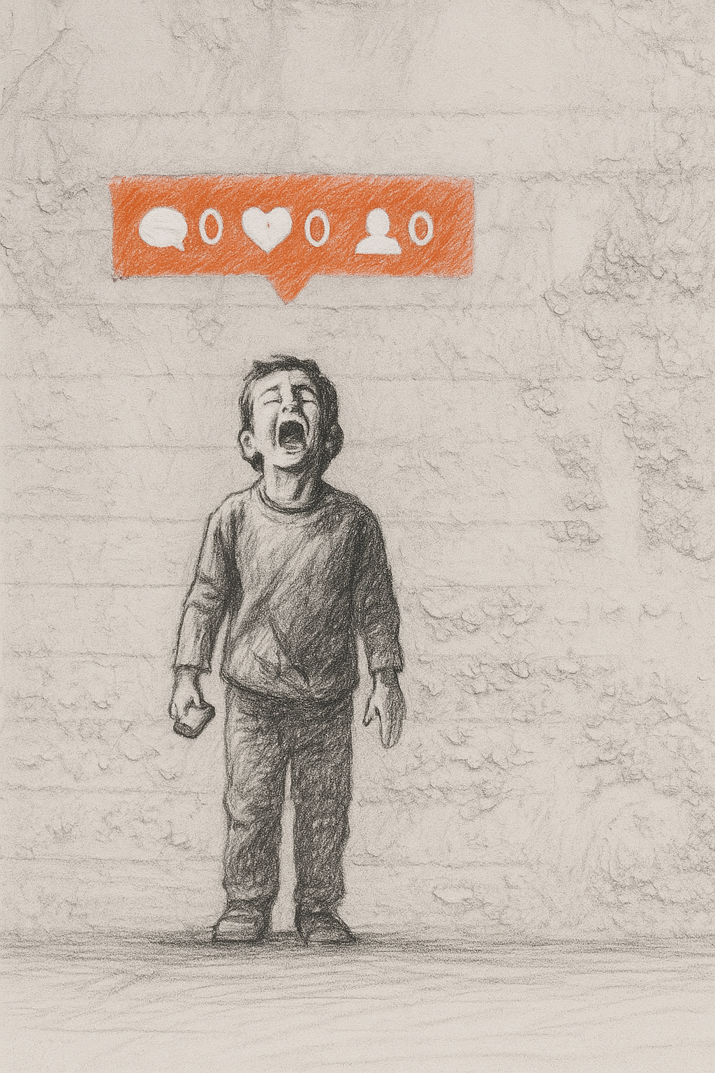Illustrazione in stile disegno a matita ispirata a un’opera di street art dell’artista canadese iHeart (2014), che rappresenta un bambino che piange sotto un’icona di notifica vuota (0 commenti, 0 like, 0 follower), simbolo della mancanza di riconoscimento sui social media.