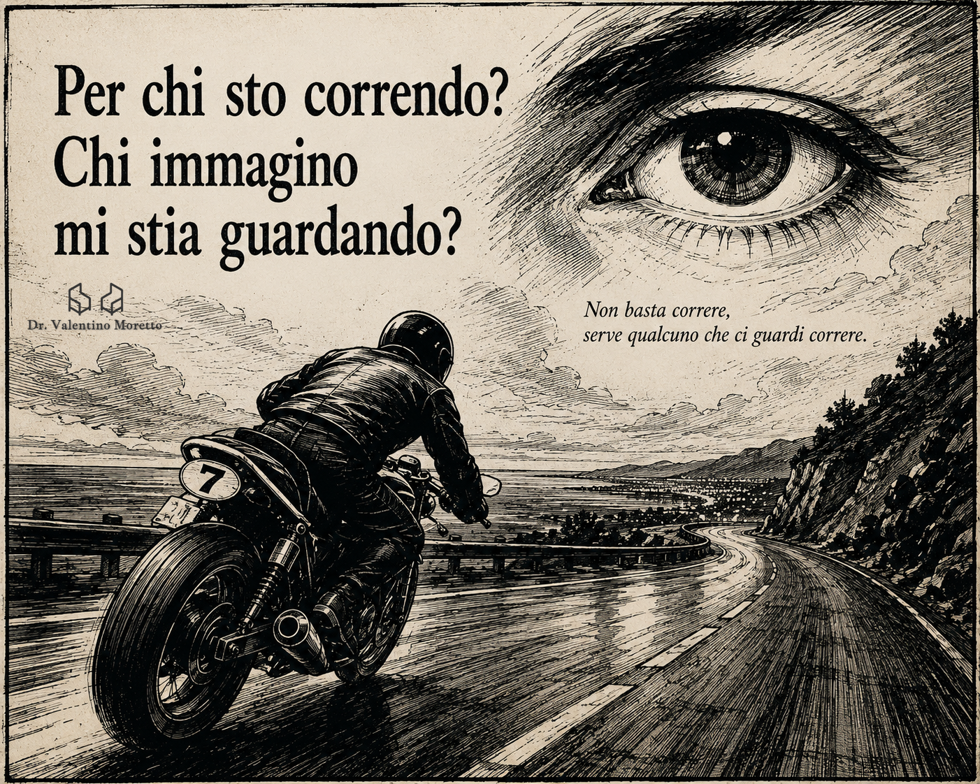 Motociclista che corre su una strada osservato da un grande occhio simbolico nel cielo.