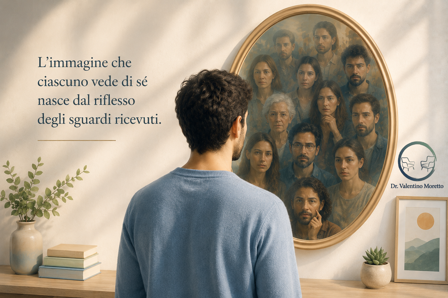 Uomo davanti a uno specchio in cui il riflesso è composto dagli sguardi di altre persone.