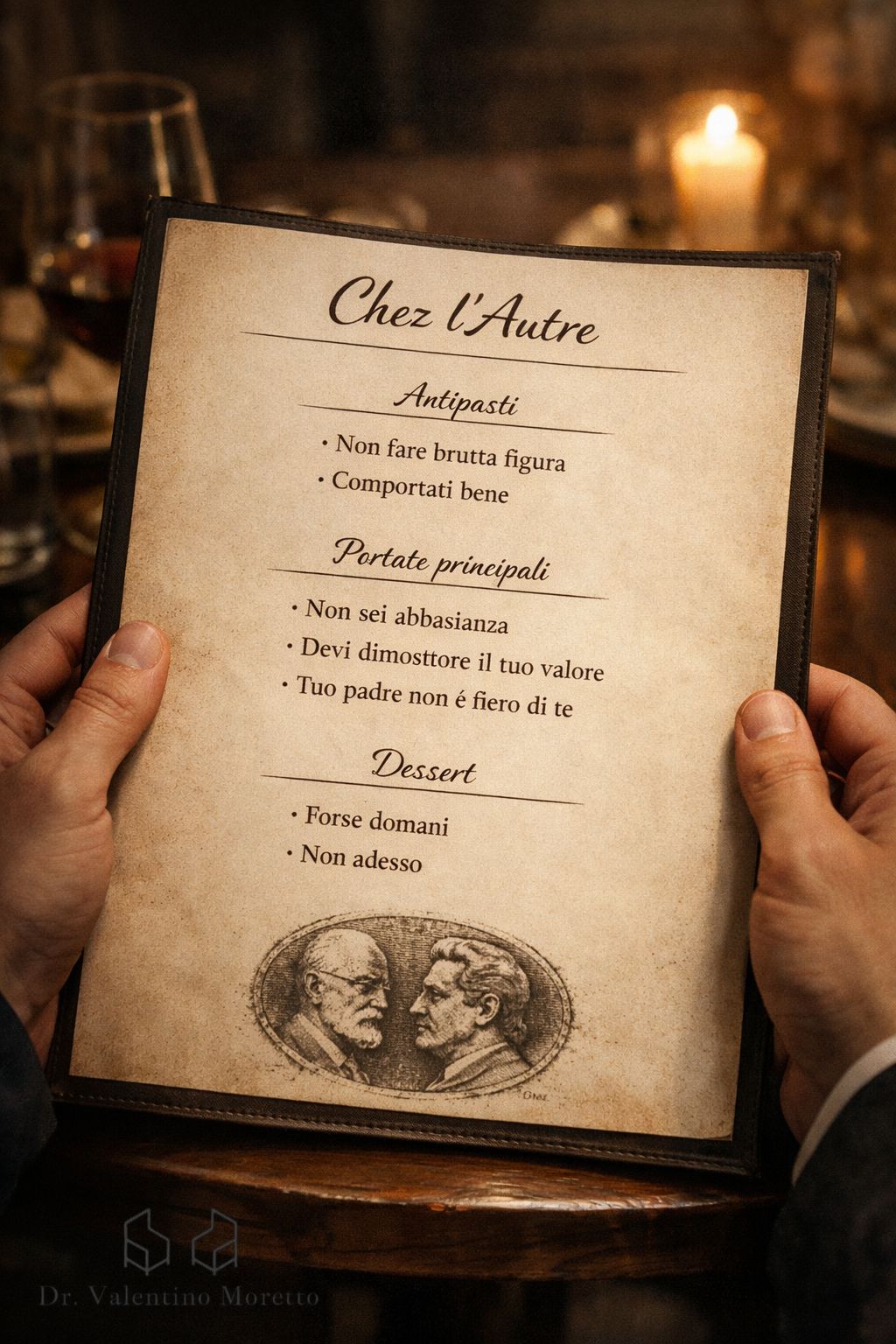 “Menù di un ristorante immaginario intitolato ‘Chez l’Autre’, con frasi che rappresentano le parole dell’Altro per la teoria psicoanalitica.”