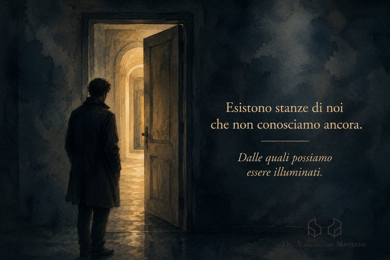 Persona davanti a una porta socchiusa illuminata, simbolo dell'inconscio.