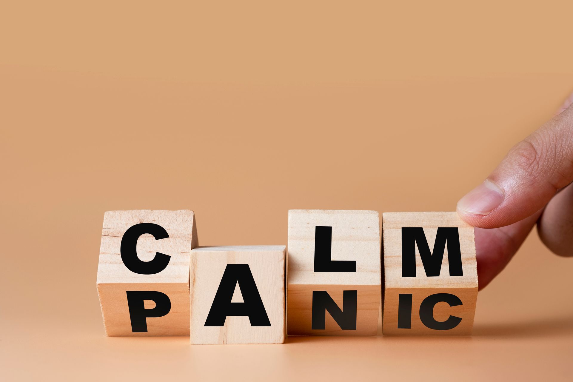 A person is holding wooden blocks with the words calm panic written on them.