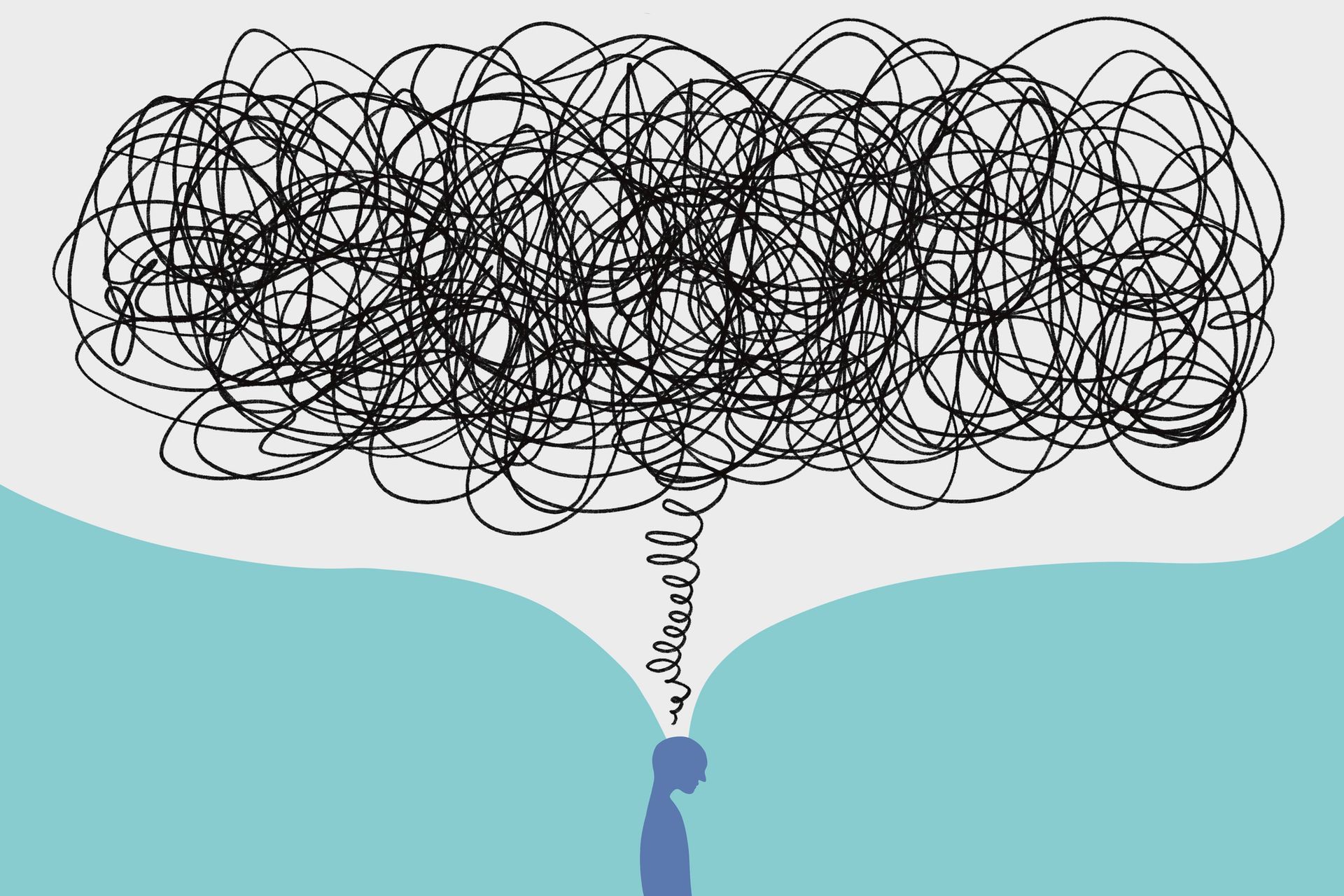 A drawing of a person with a spiral coming out of their head