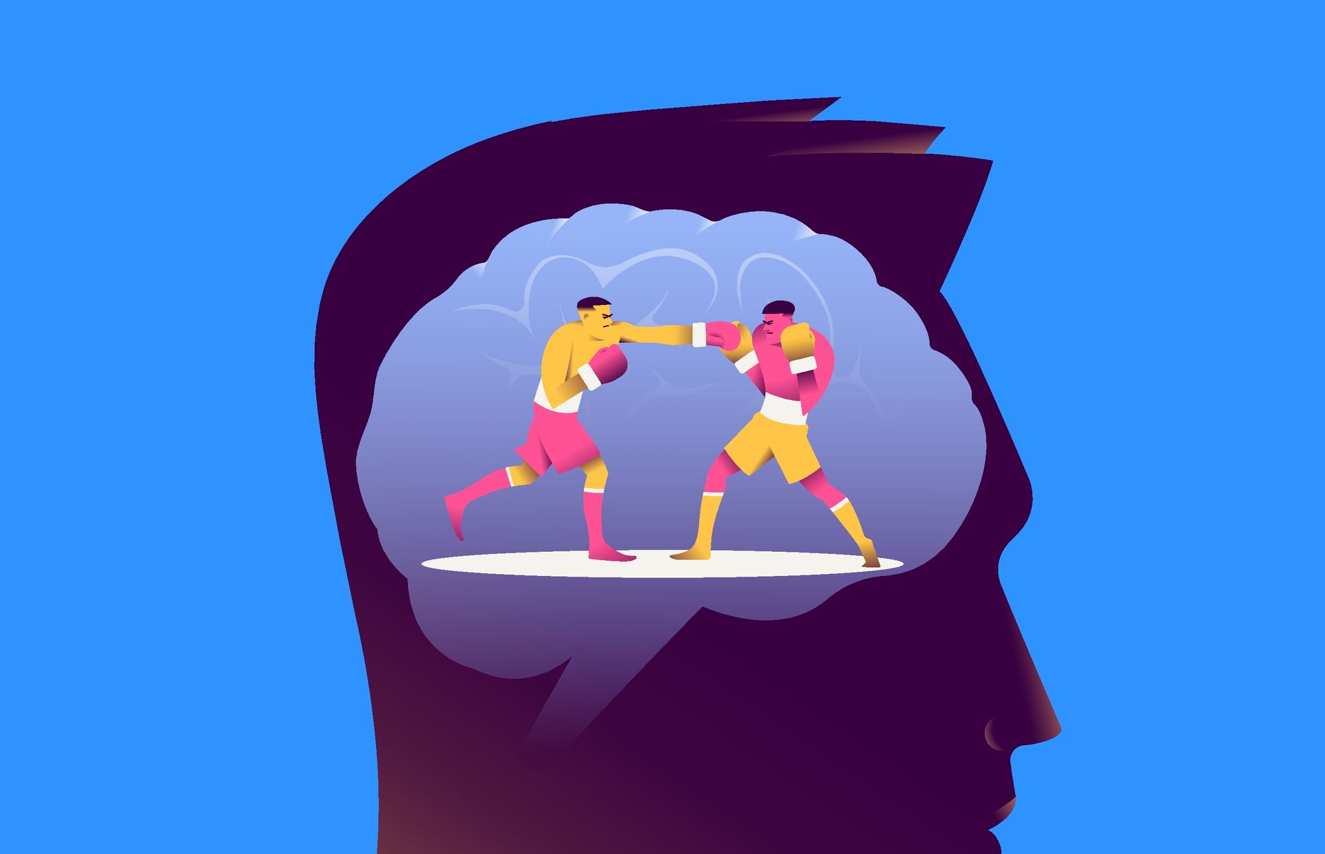 A silhouette of a man 's head with two boxers inside of it.