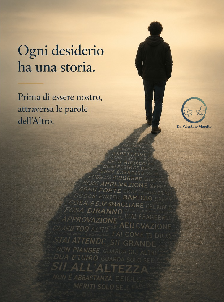 L'ombra composta da parole rappresenta il desiderio che nasce nella relazione con l'Altro.