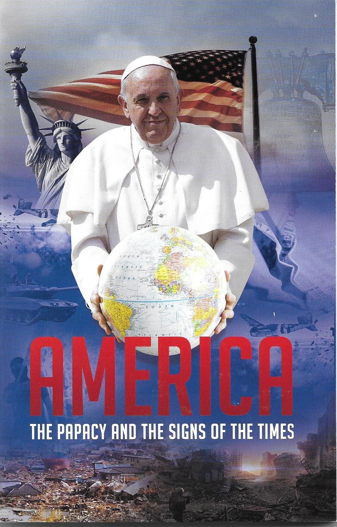 Pope holding a globe, with American flag and Statue of Liberty in the background. Book cover titled