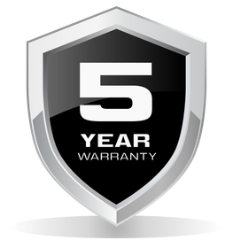 Silver shield badge with black center reading “5 YEAR WARRANTY”