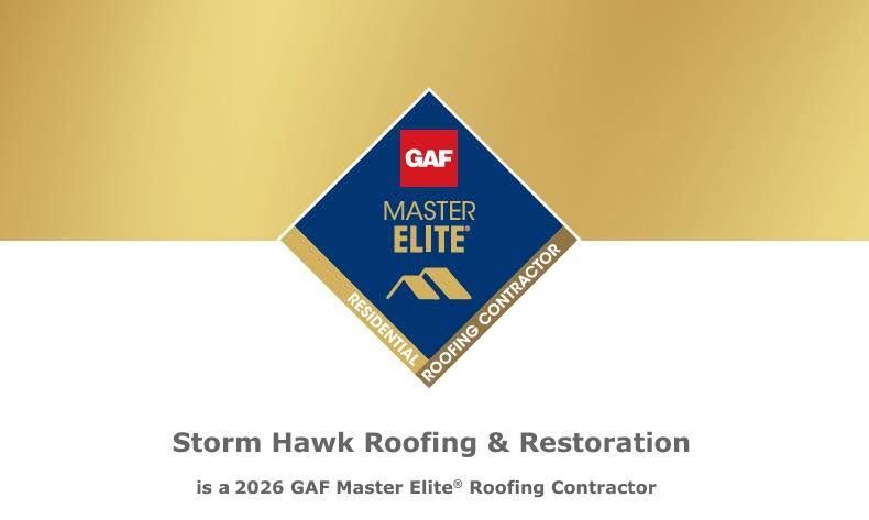 GAF Master Elite badge above Storm Hawk Roofing & Restoration logo and text on white background