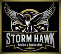 Storm Hawk Roofing & Restoration logo with a flying hawk on black, gold, and white background