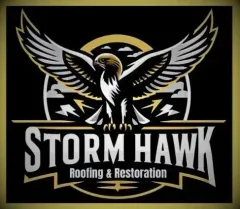 Storm Hawk Roofing & Restoration logo with a flying hawk on black, gold, and white background