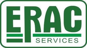 A green and white erac services logo on a white background