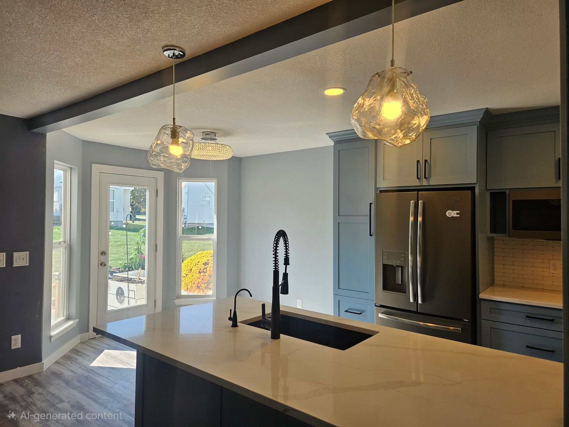 black faucet and sink with white quartz in Liberty Mo