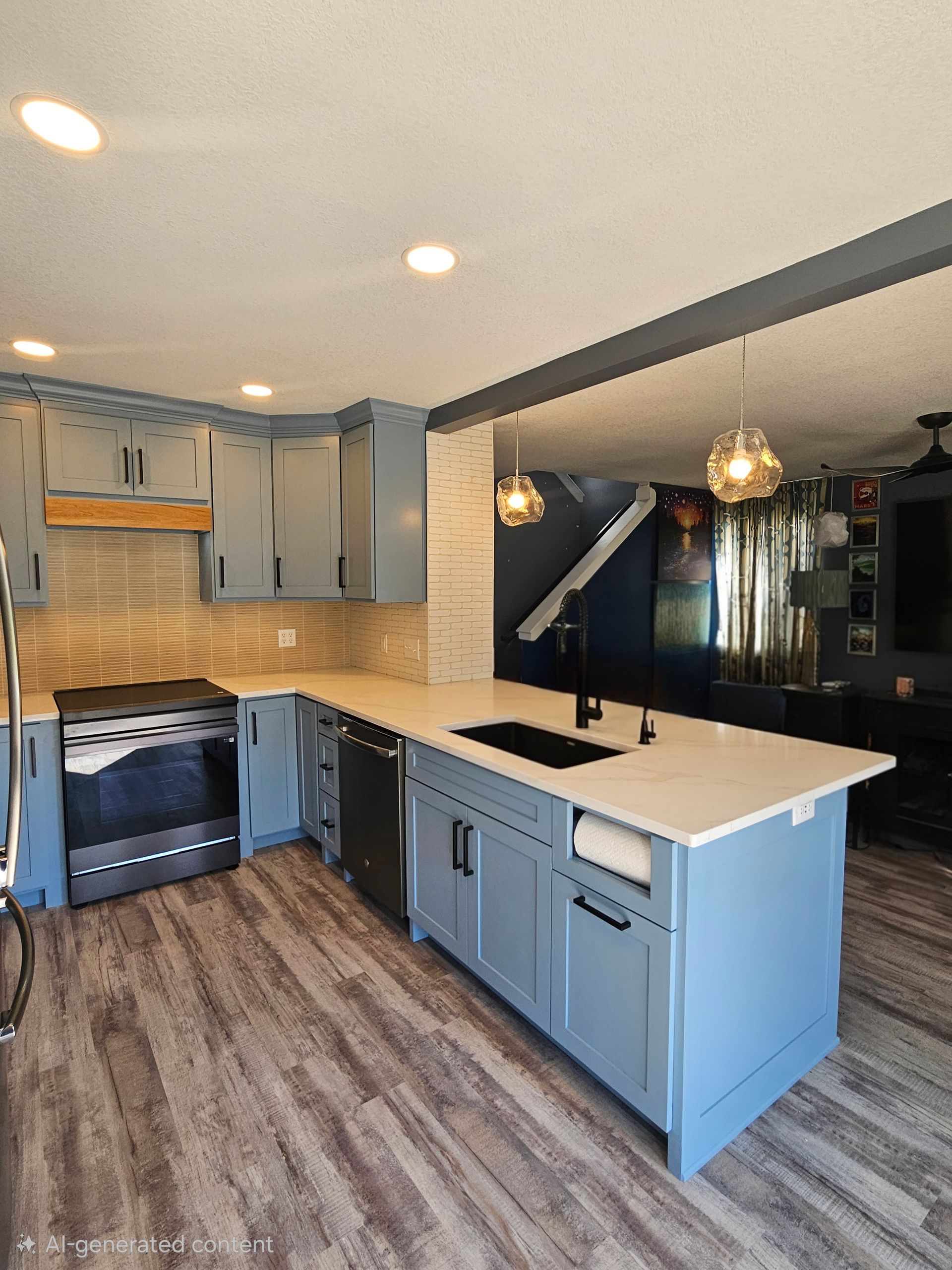 quartz countertop with light blue gray cabinets 