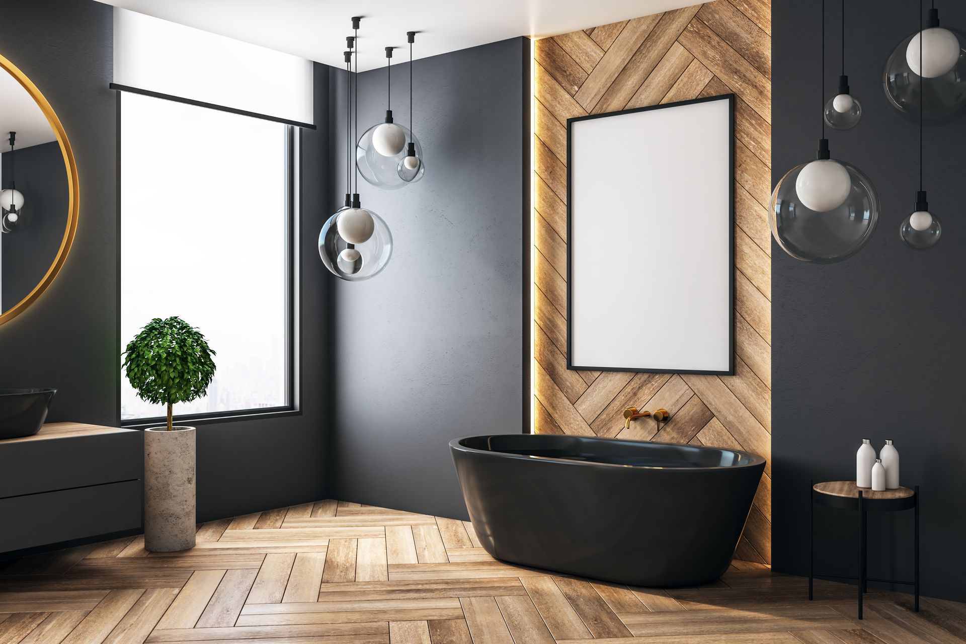 Black freestanding tub with herringbone wood accents