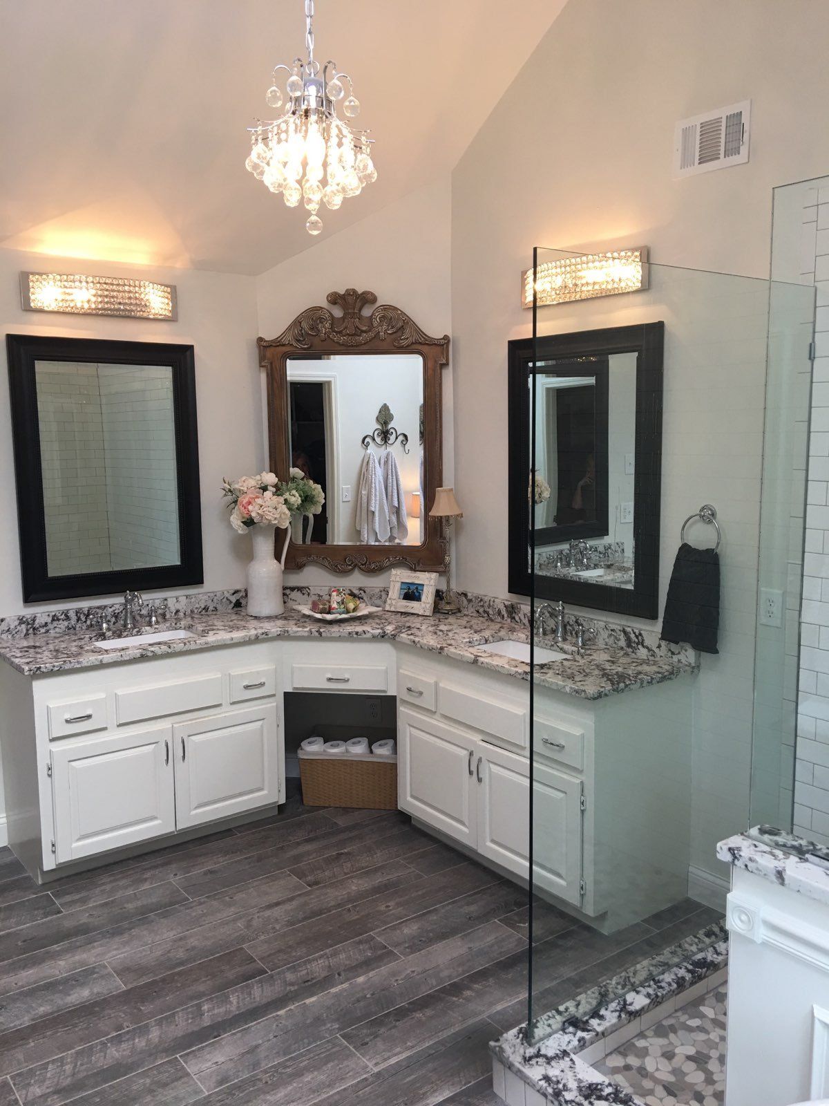 Bathroom remodel featuring a makeup station in Shawnee.