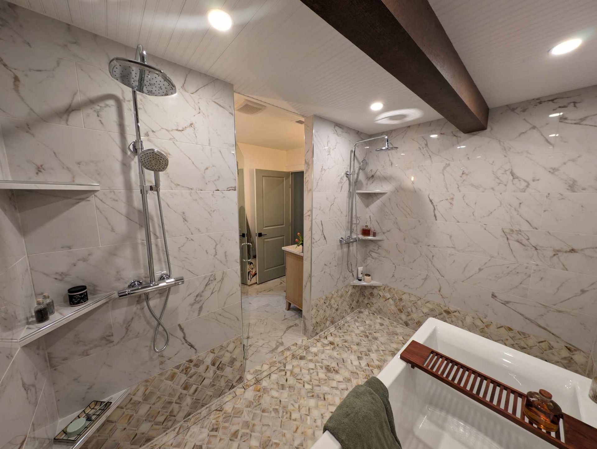 wetroom dual head showers and soaking tub in leawood