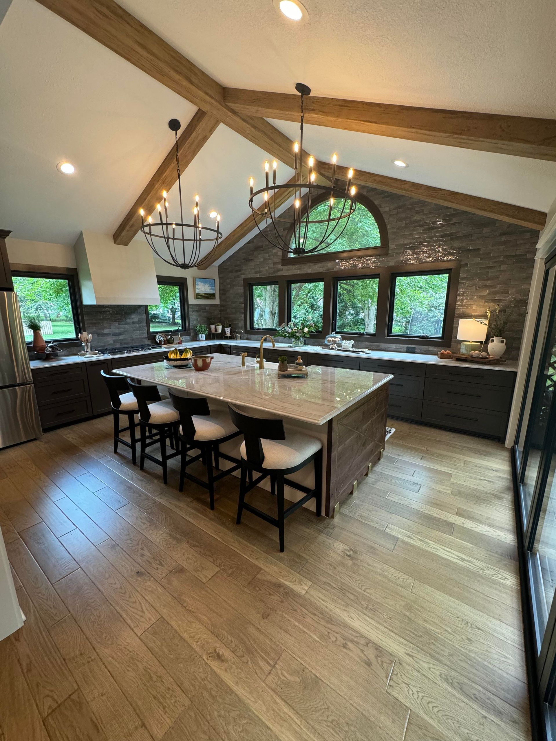 large kitchen remodel in leawood with custom cabinetry and wood beams