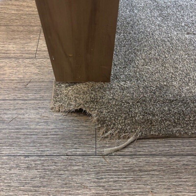 Frayed carpet edge where it meets a wooden post on a wood floor