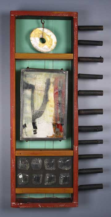 Mixed-media artwork: red-framed panel with green background, abstract painting.