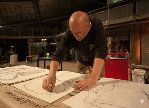 Man drawing on blueprints at a table in a workshop, dark with work lights.