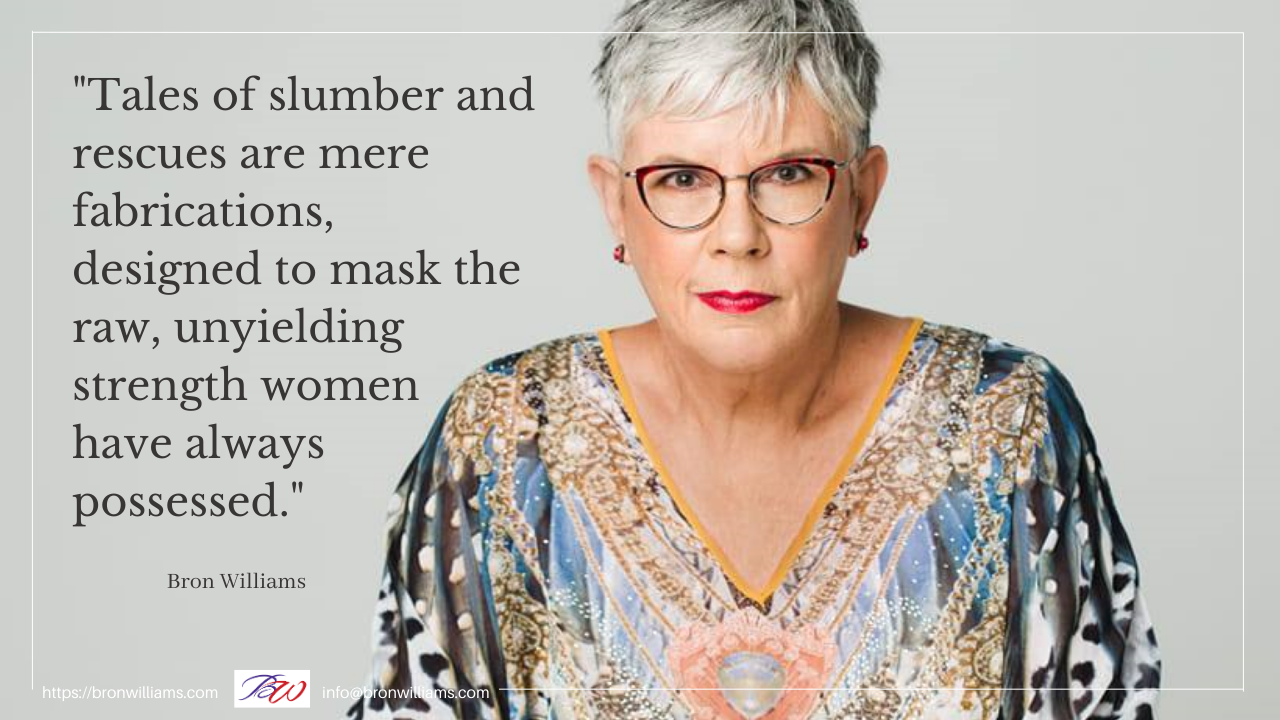 Woman with glasses and a patterned top; quote about women's strength.