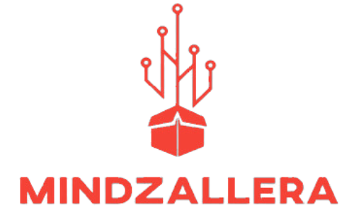 Red logo with a box and circuit board tree, the name