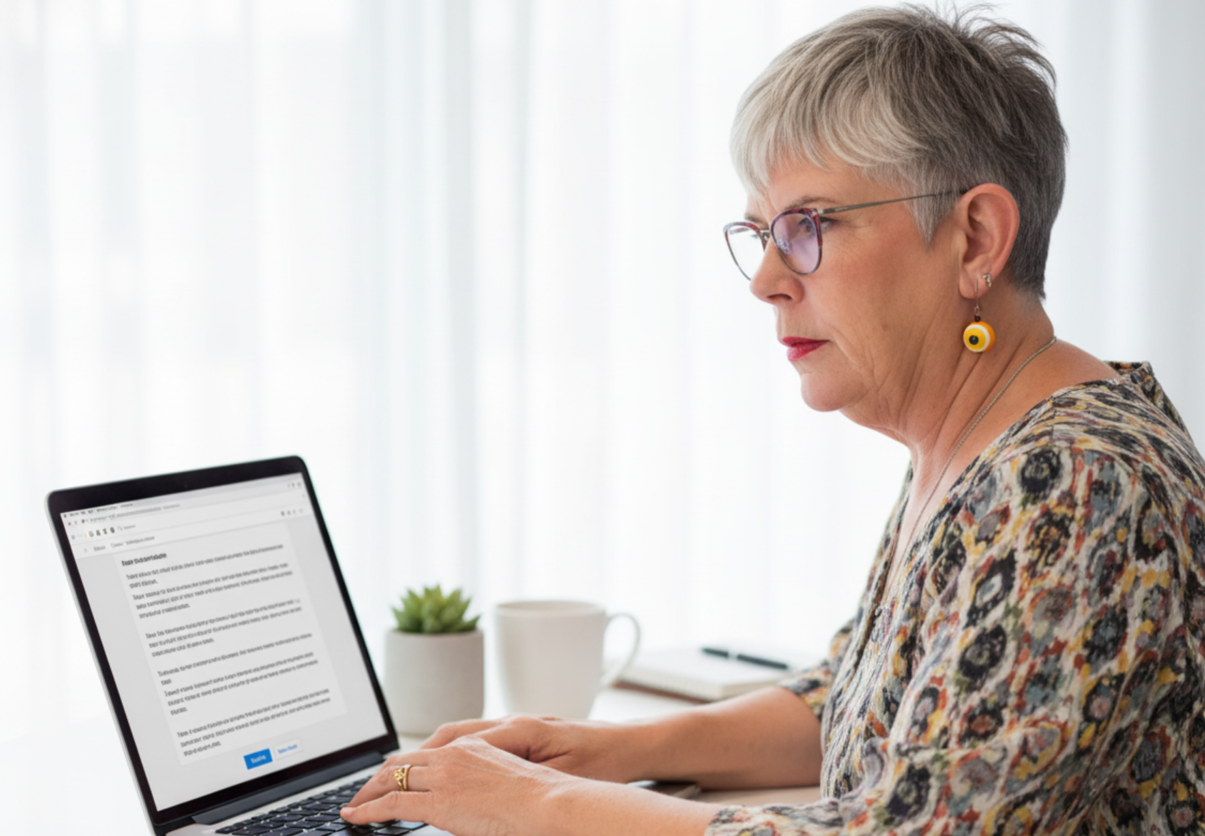 Woman with gray hair and glasses types on a laptop at a desk with a plant and mug.