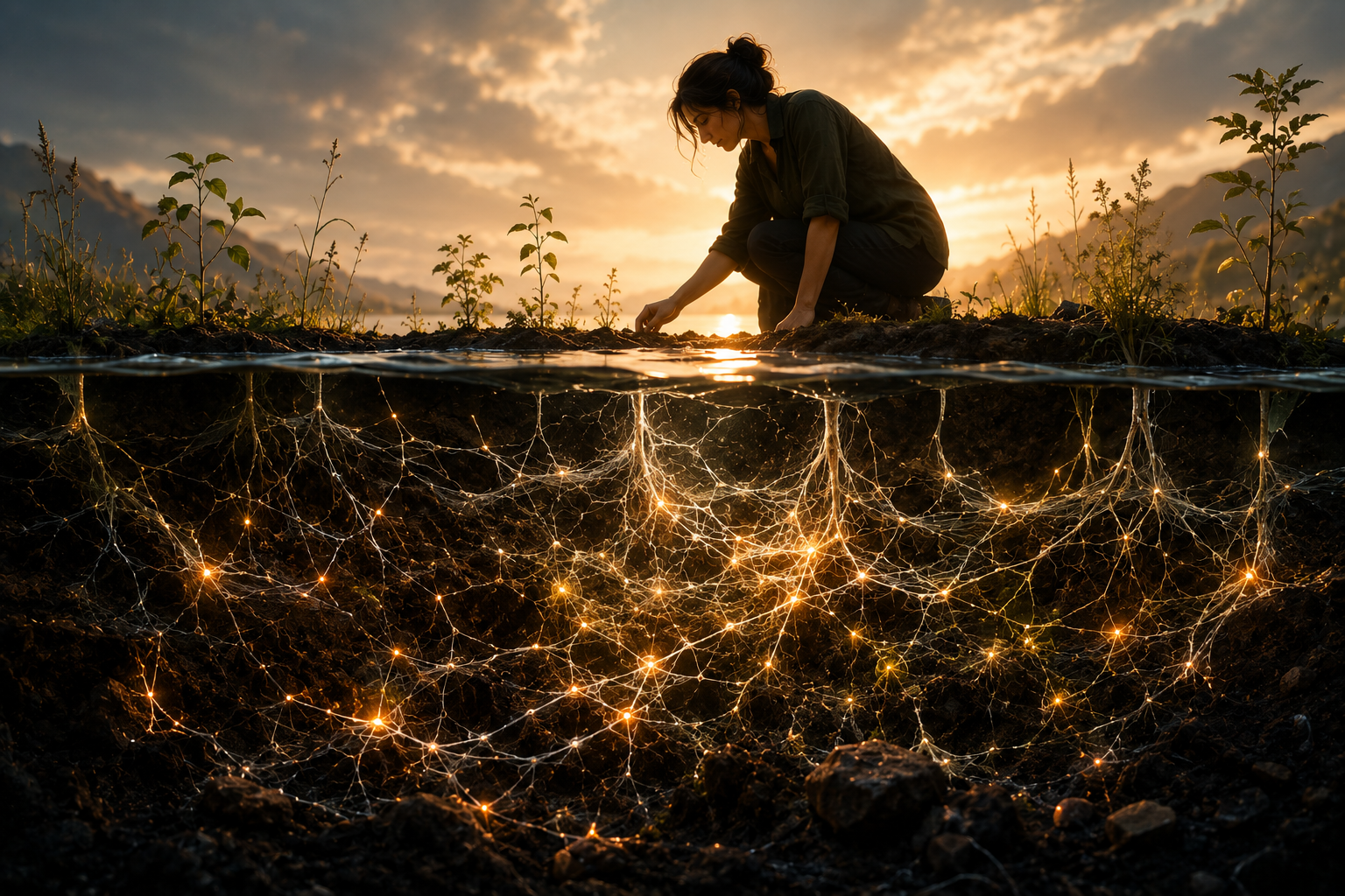 Glowing network of interconnected roots beneath the soil, revealing hidden patterns and connections beneath the surface