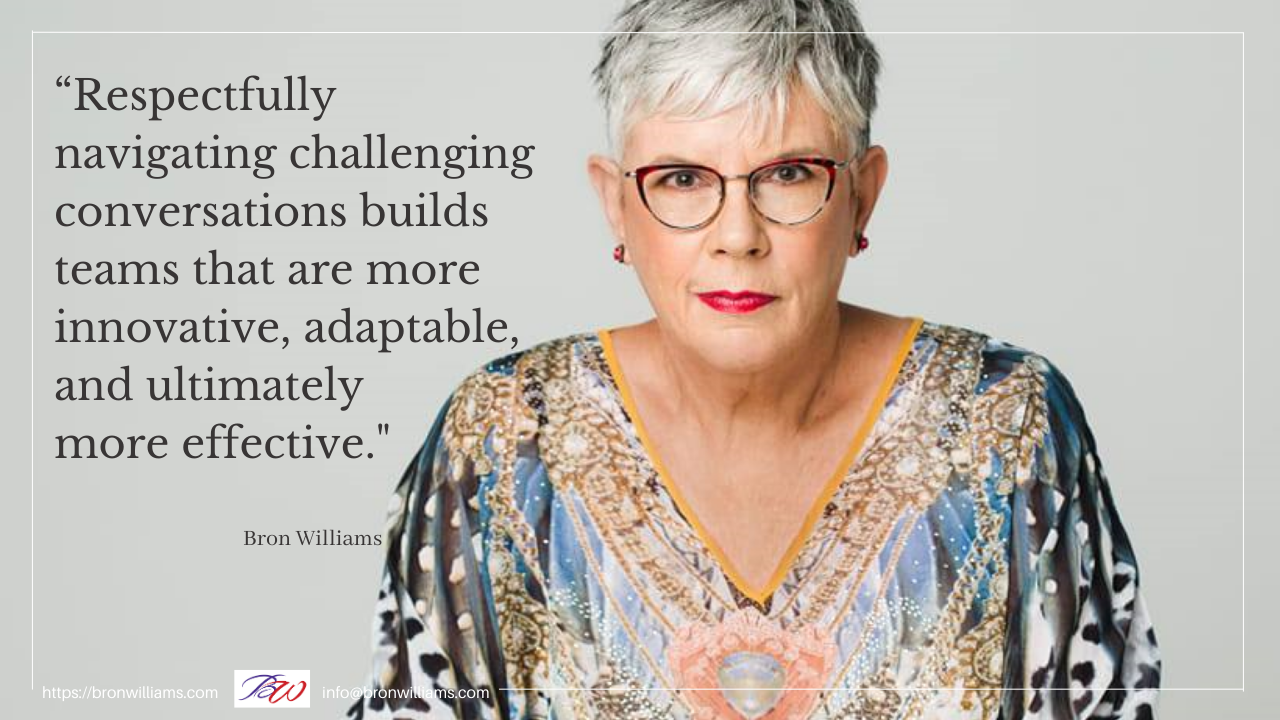 Woman with glasses, quote about navigating challenging conversations to build effective teams.